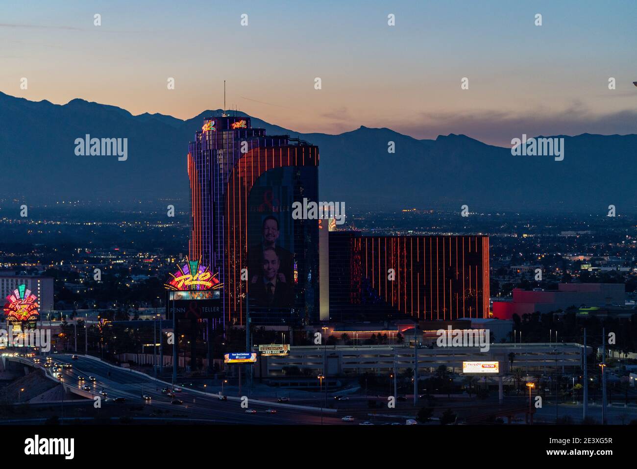 View of Rio All-Suite Hotel & Casino at dusk in Las Vegas, NV Stock Photo