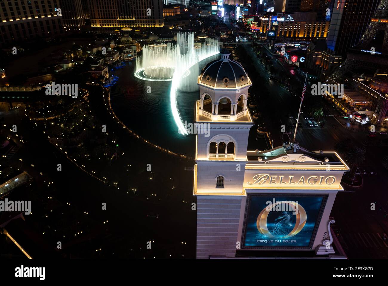 The Fountains of Bellagio put on their water show at night on the Las