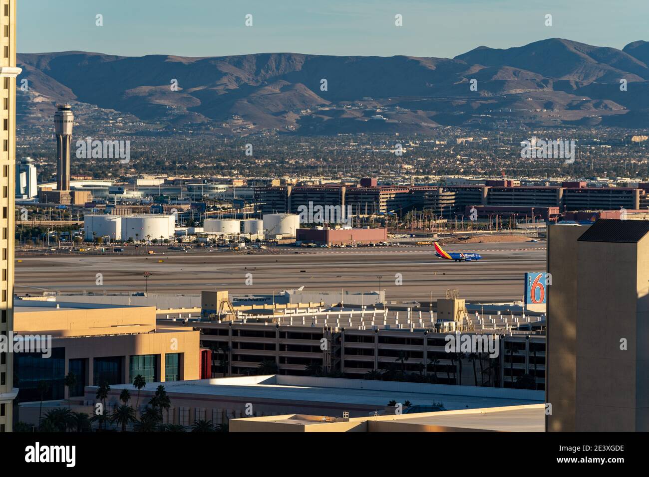 A Southwest Airlines flight taxi's at McCarran International Airport in Las Vegas Stock Photo