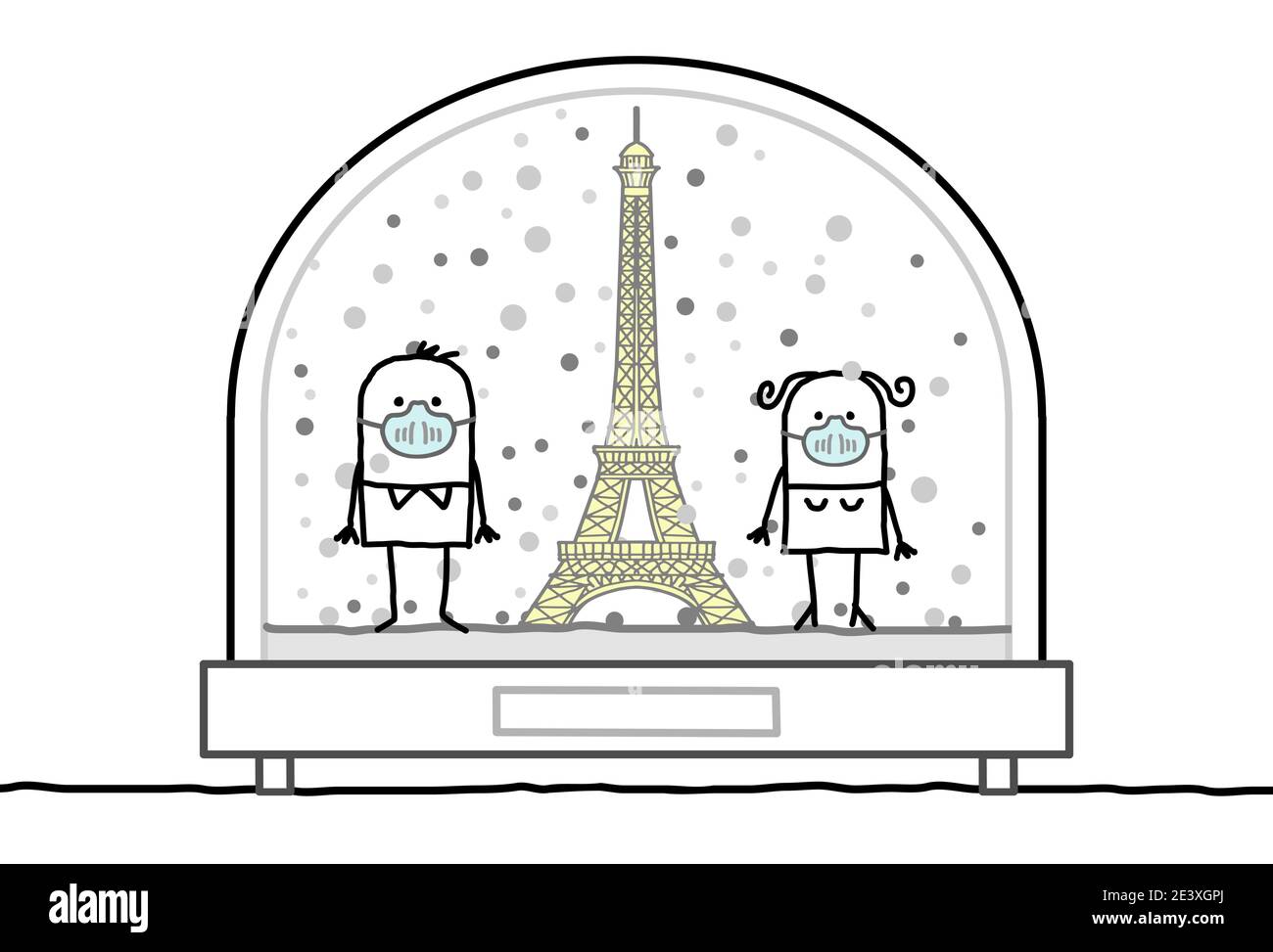 Hand drawn Cartoon Man and Woman with protection Masks, Contained in a Snow-Dome, with the Eiffel Tower Stock Vector