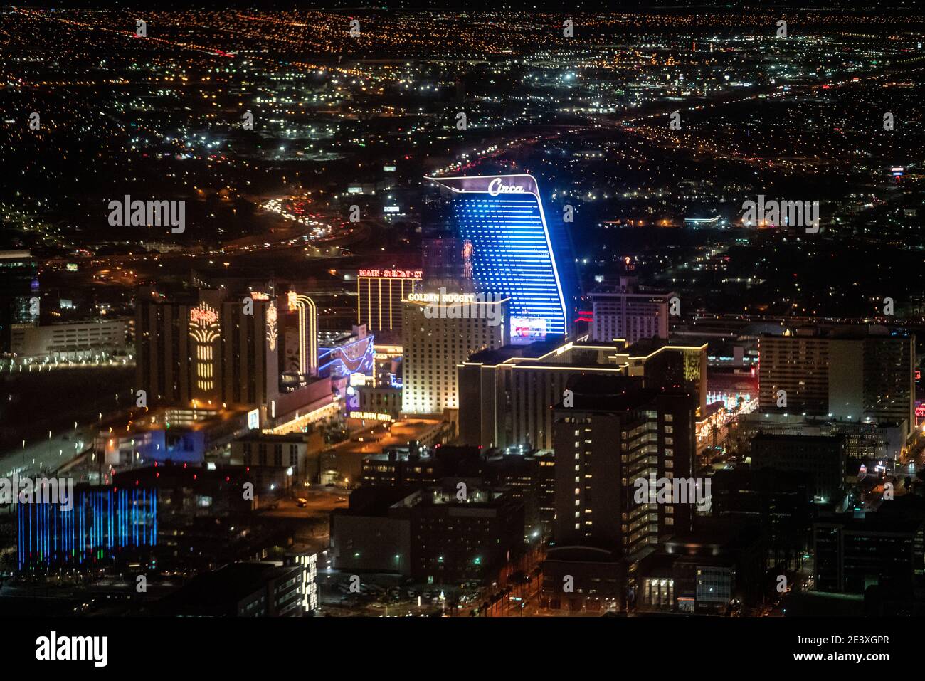 Circa, Las Vegas' newest resort and casino, and first adults-only resort in Vegas is seen from a helicopter behind the famous Freemont Street. Stock Photo