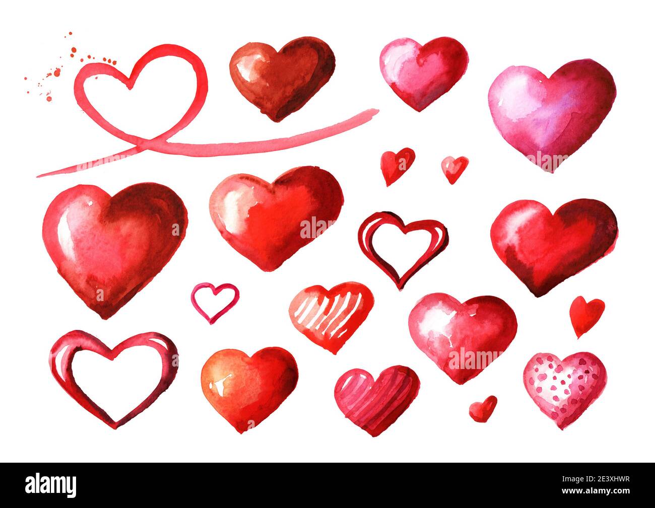Love and romance. Valentines red heart set. Watercolor hand drawn ...
