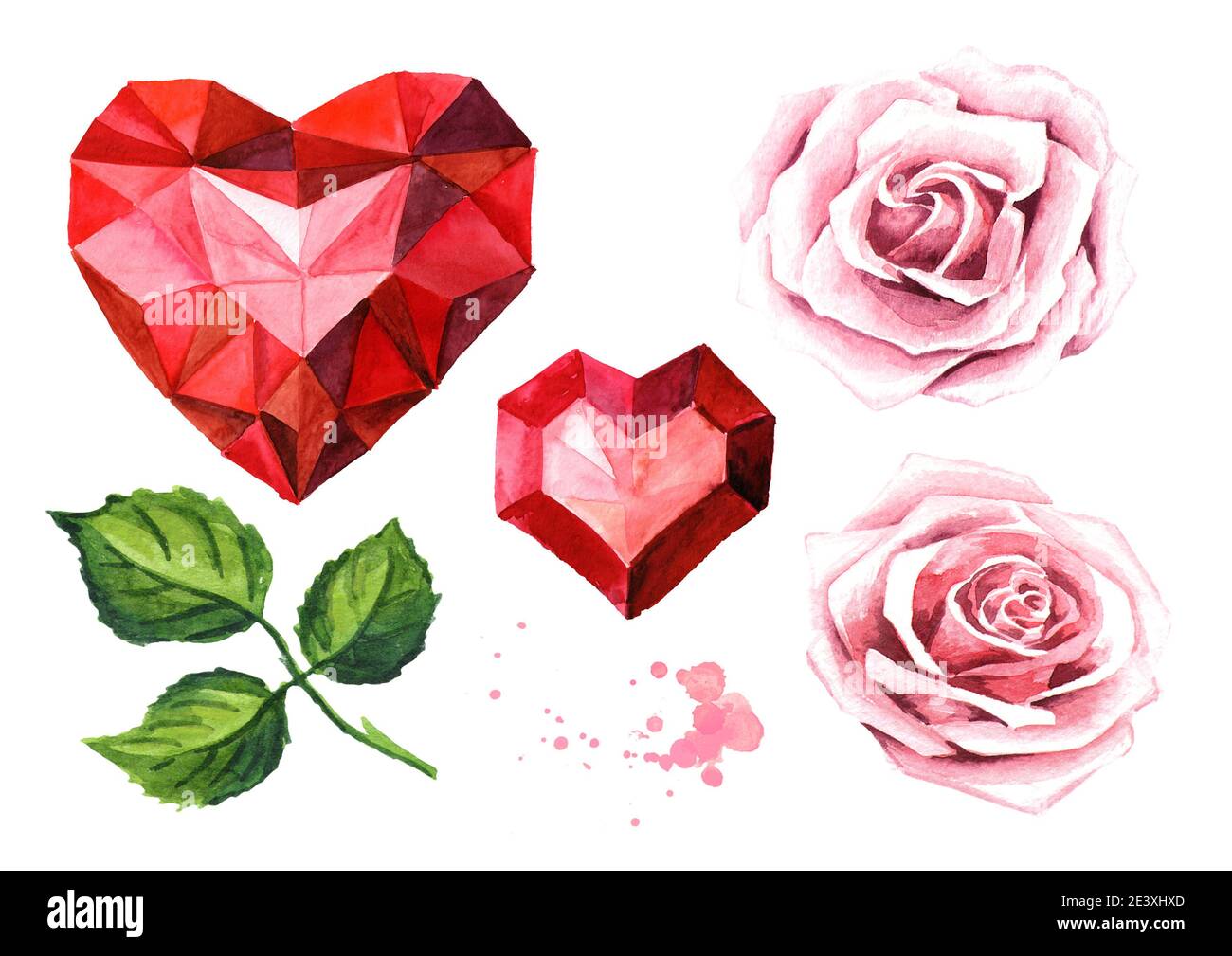 Love and romance. Rose flowers and ruby crystal heart set. Wedding concept.  Watercolor hand drawn illustration, isolated on white background Stock  Photo - Alamy