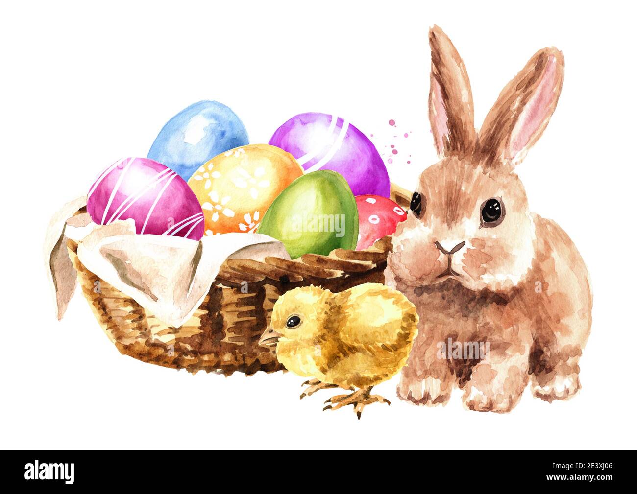 Basket with colored Easter eggs and cute rabbit. Hand drawn watercolor ...