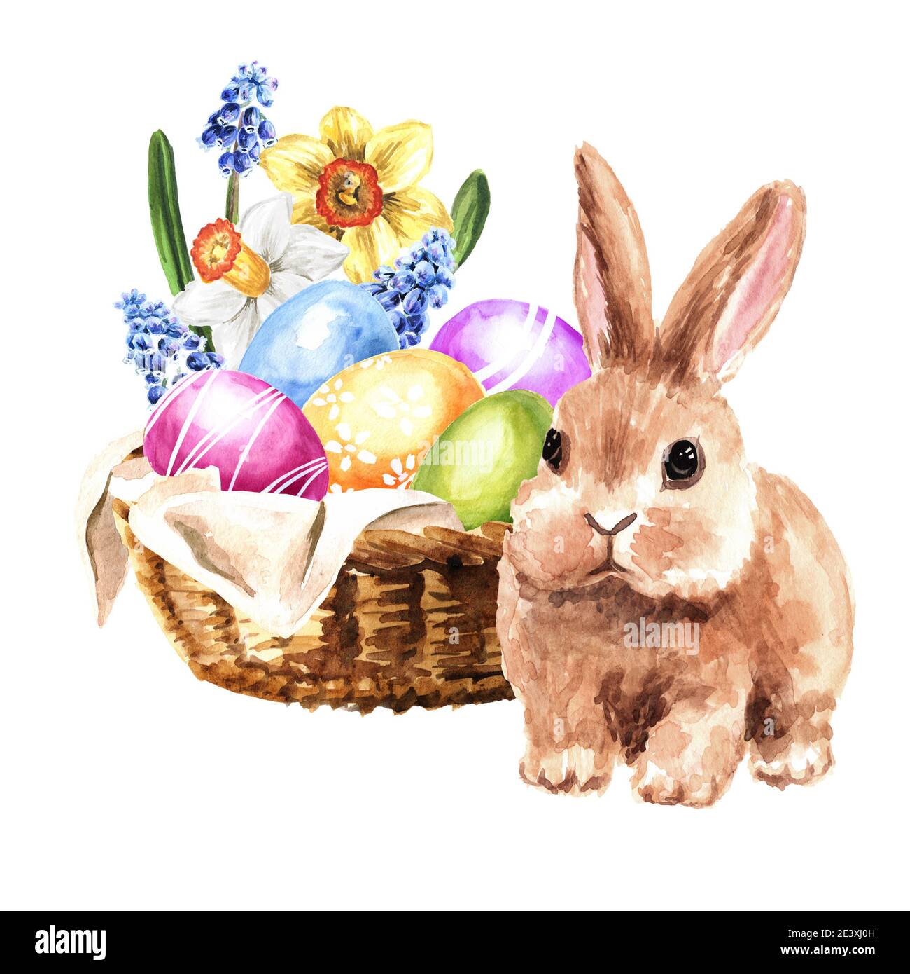 Basket with spring flowers, colored Easter eggs and little rabbit. Hand ...