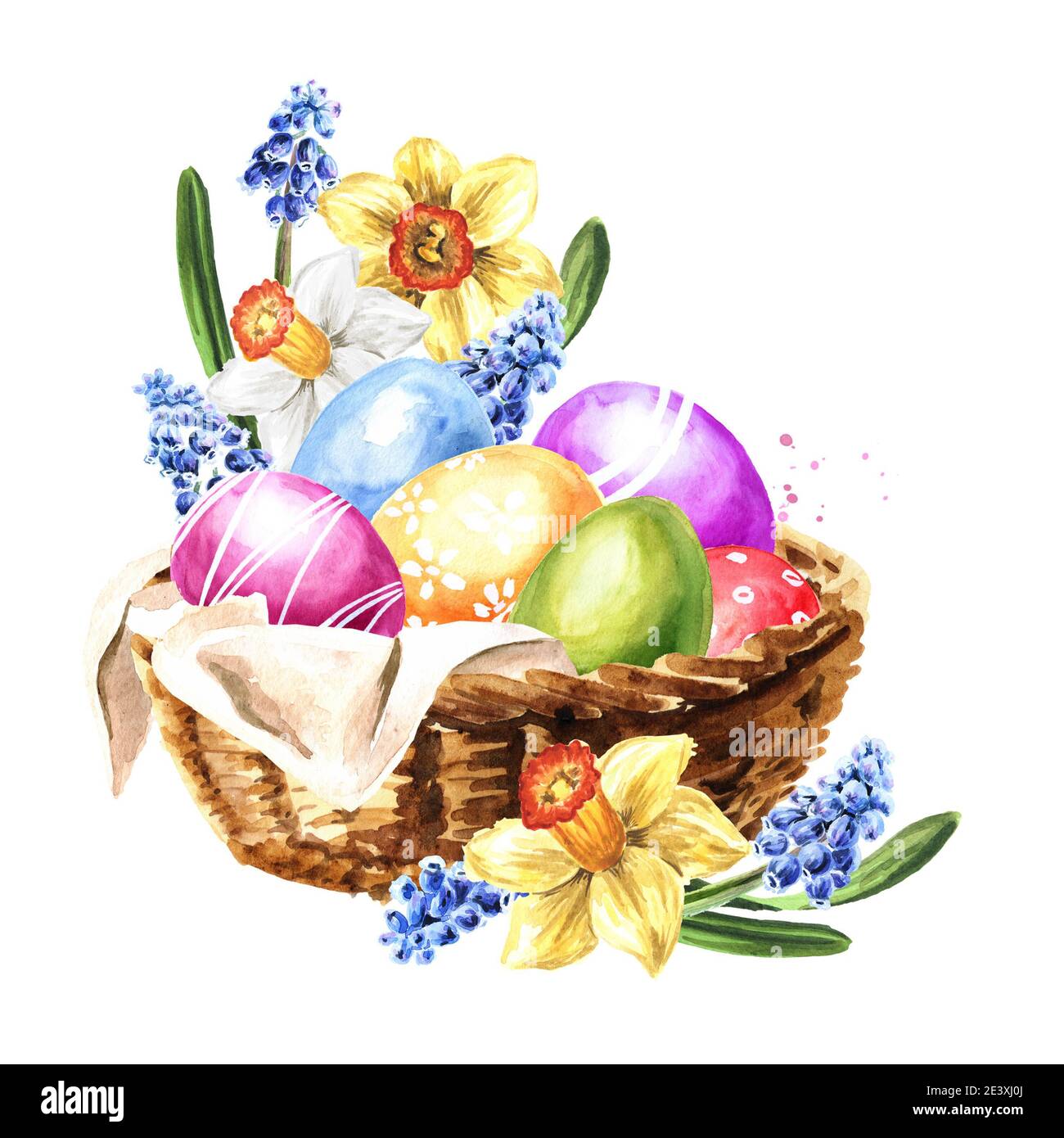 Basket with spring flowers and colored Easter eggs. Hand drawn ...