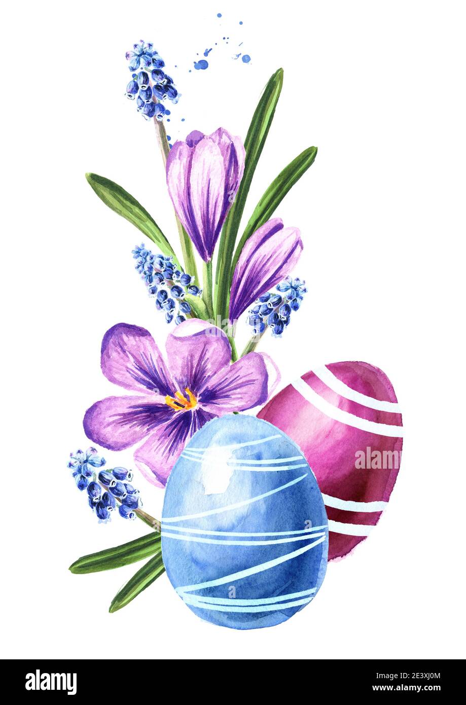 Colored Easter eggs and Bouquet of spring flowers. Hand drawn ...