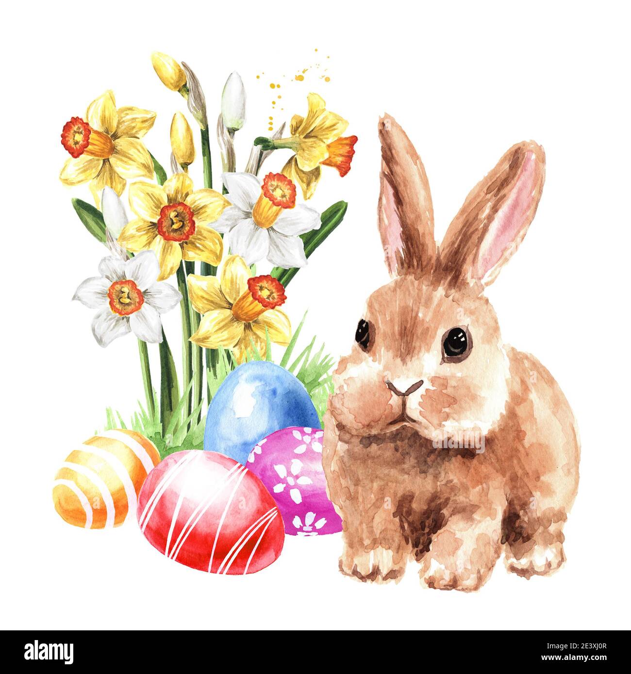 Colored Easter eggs in the green grass, spring flowers and little ...