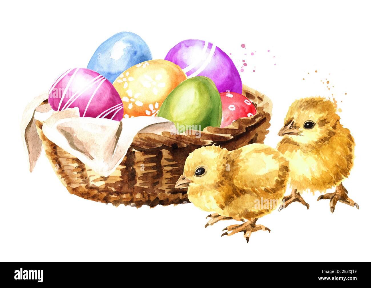 Basket with colored Easter eggs and yellow chicks. Hand drawn ...