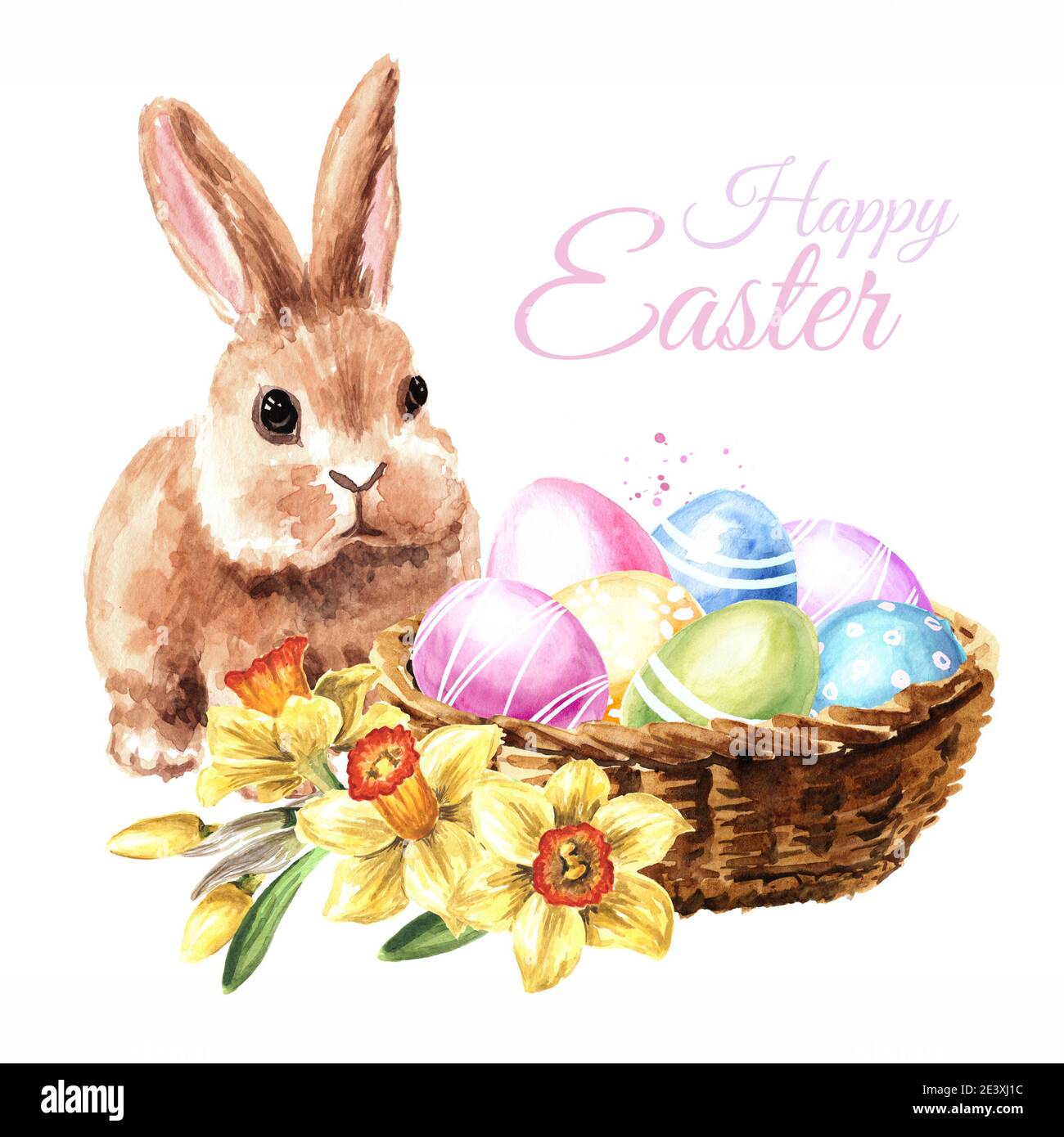 Basket with spring flowers, colored Easter eggs and small cute rabbit ...
