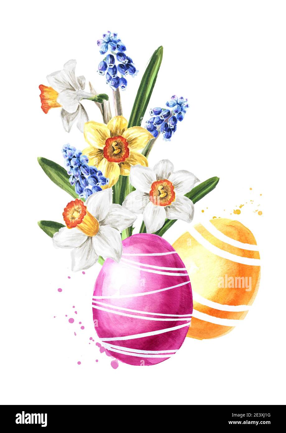Colored Easter eggs and Bouquet of spring flowers. Hand drawn ...