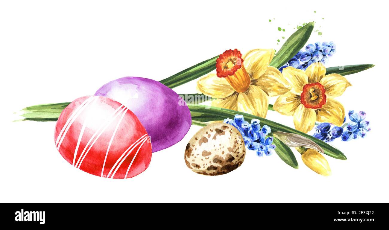 Colored Easter eggs and Bouquet of spring flowers. Hand drawn ...