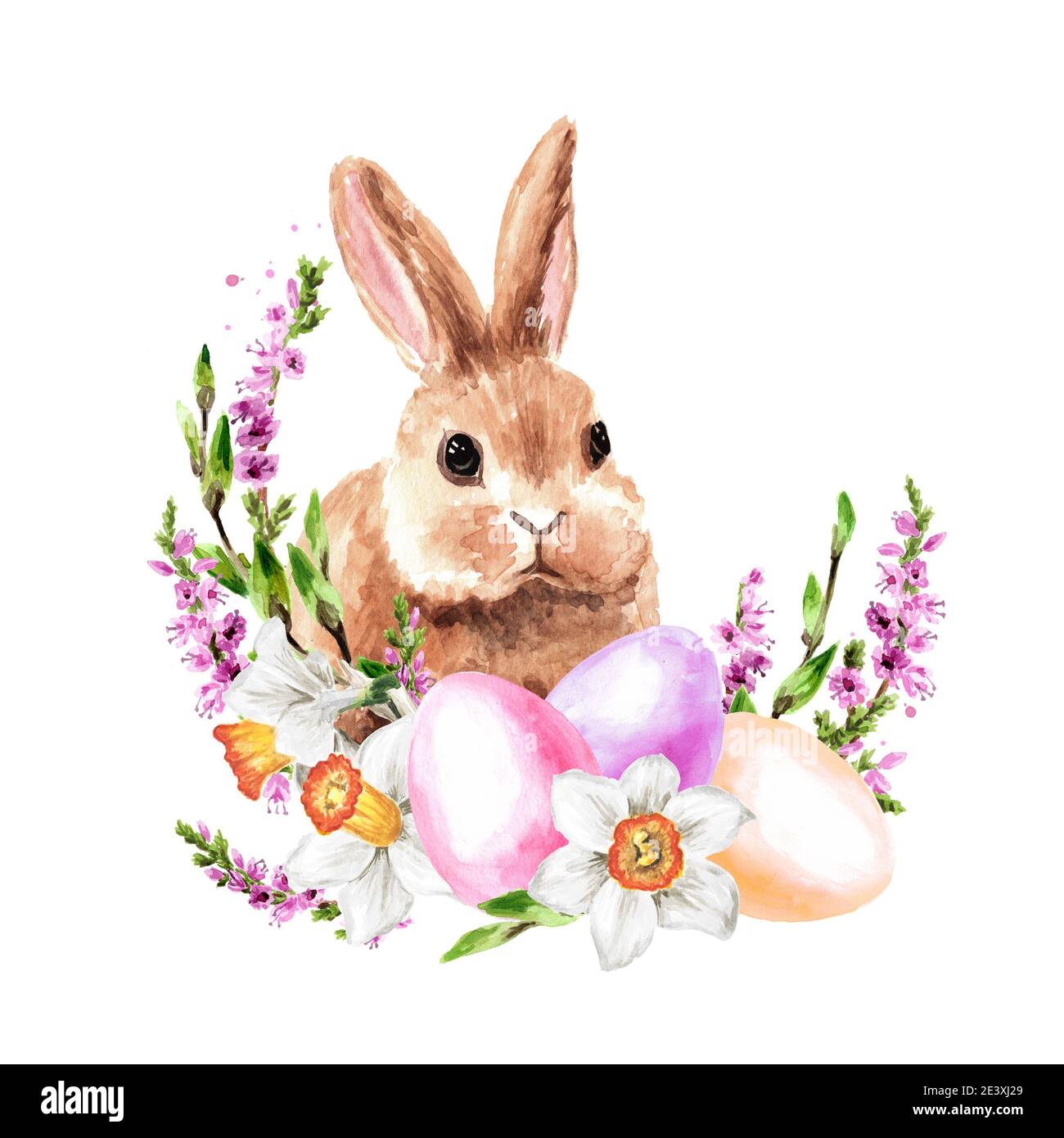 Happy Easter card, wreath with cute rabbit, colored eggs and spring ...