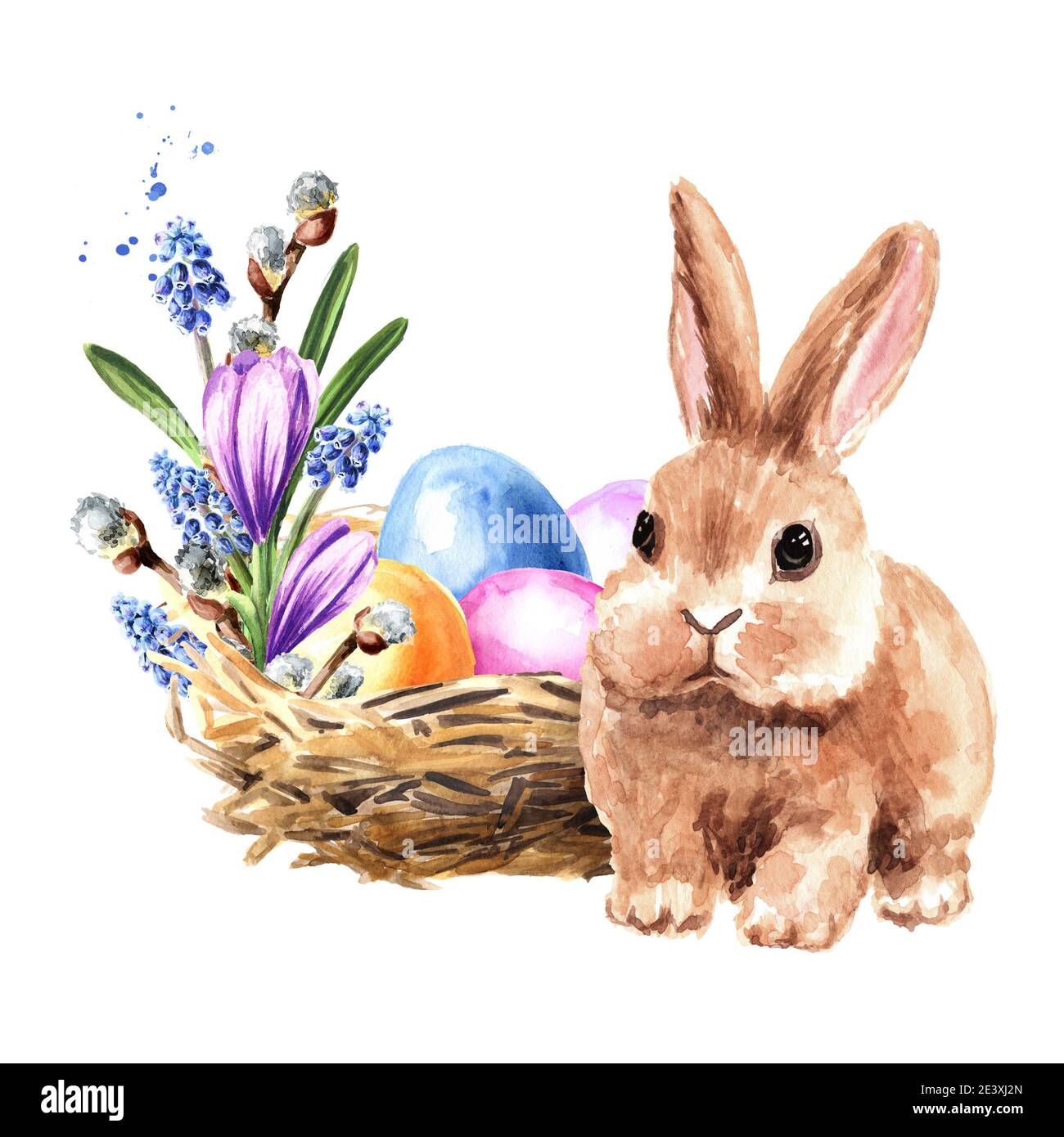 Happy Easter concept, nest with colored eggs, spring flowers and small ...