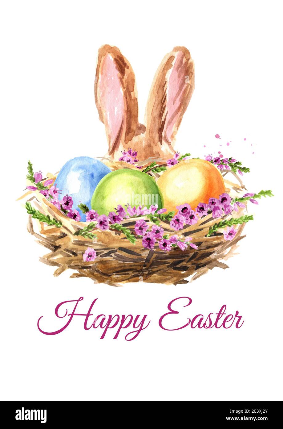 Easter nest with eggs and flowers and rabbit ears. Hand drawn ...