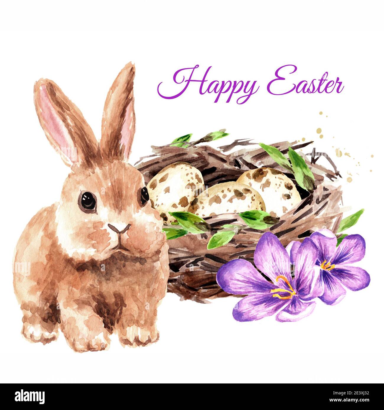 Easter nest with eggs, spring flowers and little cute rabbit. Hand ...