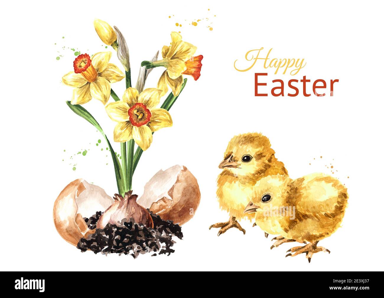 Happy Easter concept, spring flowers and yellow chick. Hand drawn ...