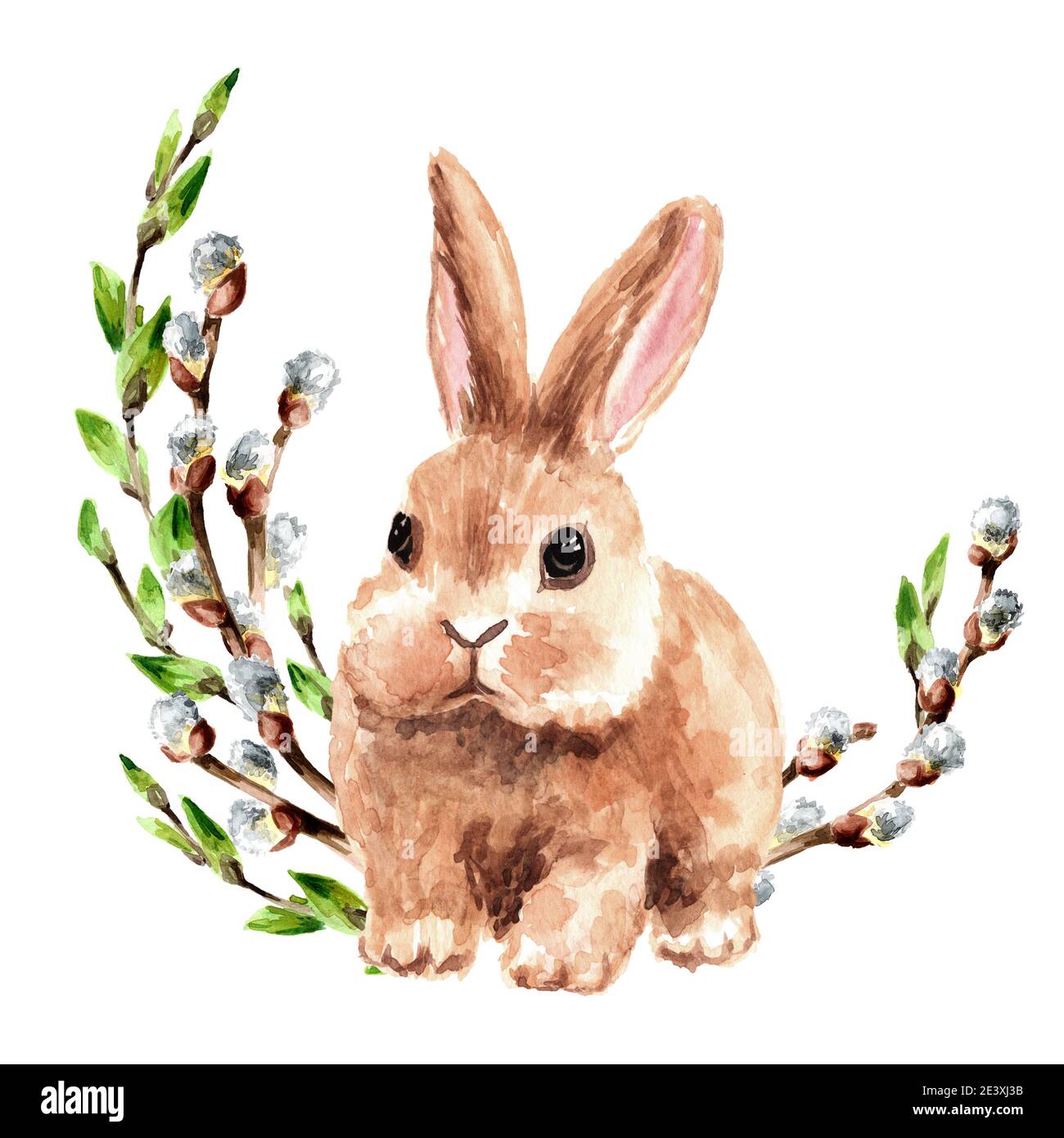 Wreath with spring flowers and little rabbit, Hand drawn watercolor ...