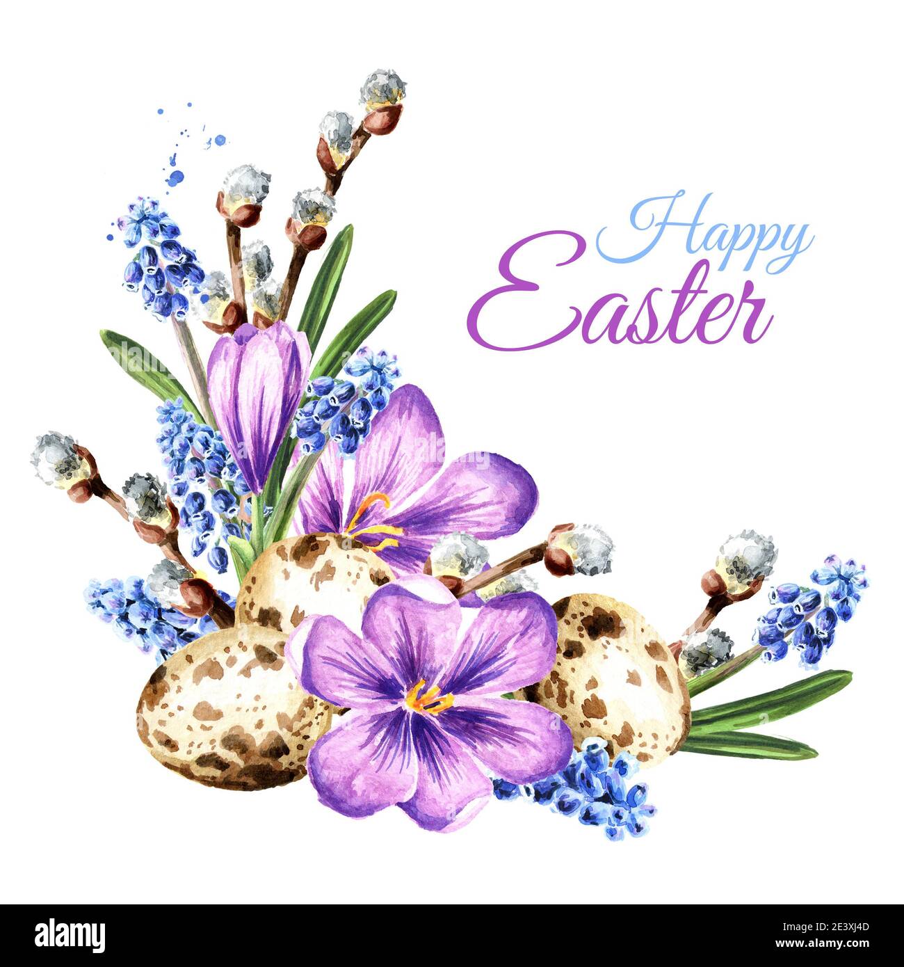 Happy Easter card, wreath with eggs and spring flowers. Hand drawn ...