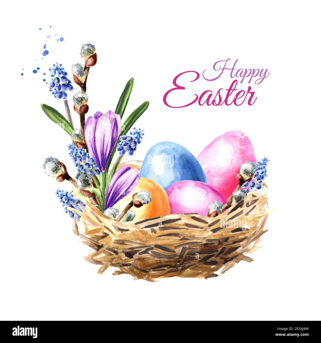 Happy Easter concept, nest with colored eggs and spring flowers. Hand ...