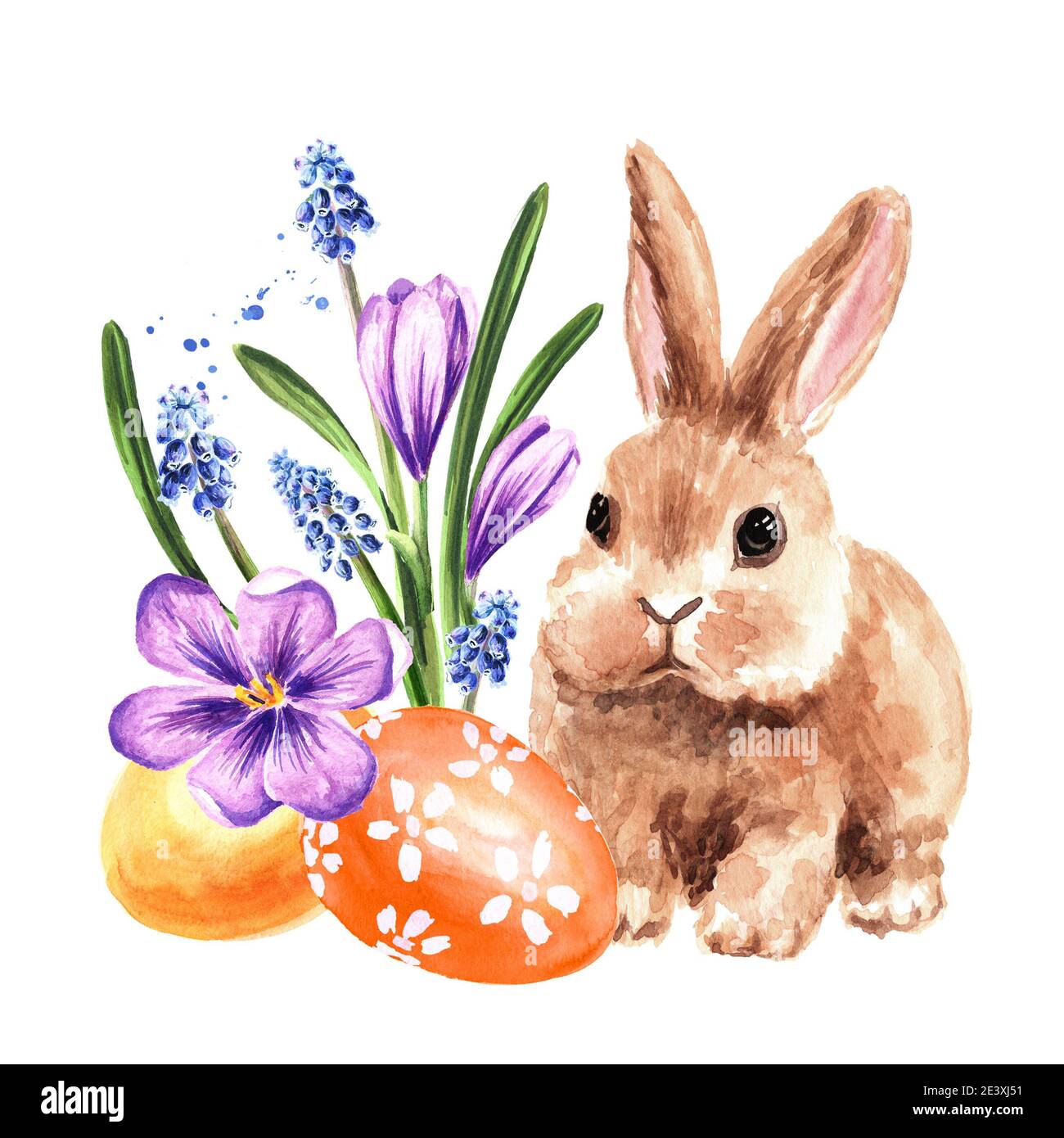 Colored Easter eggs in the green grass, spring flowers and little ...