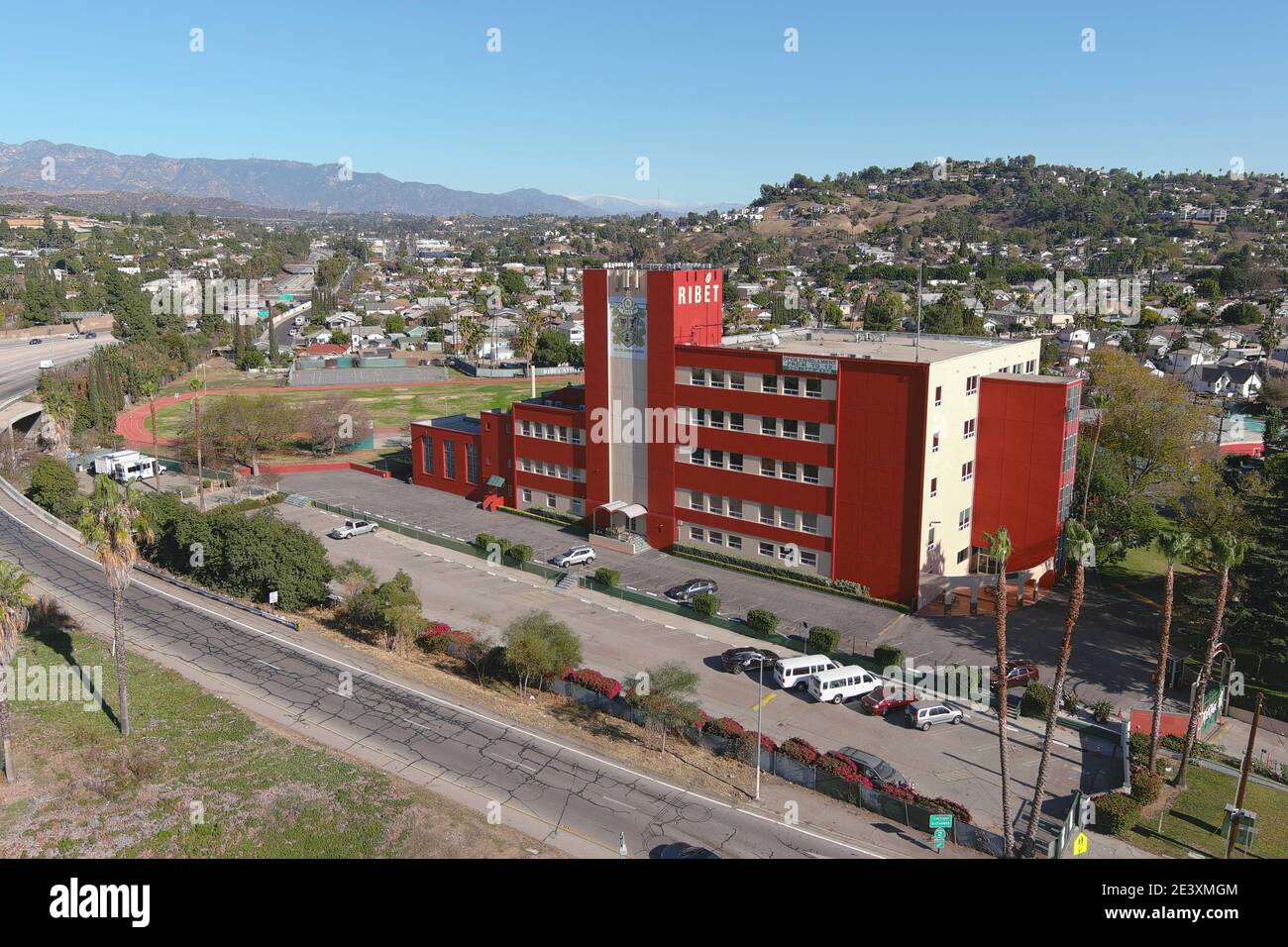 An aerial view of Ribet Academy College Preparatory School, Wednesday, Jan. 21, 2021, in Los Angeles. Stock Photo
