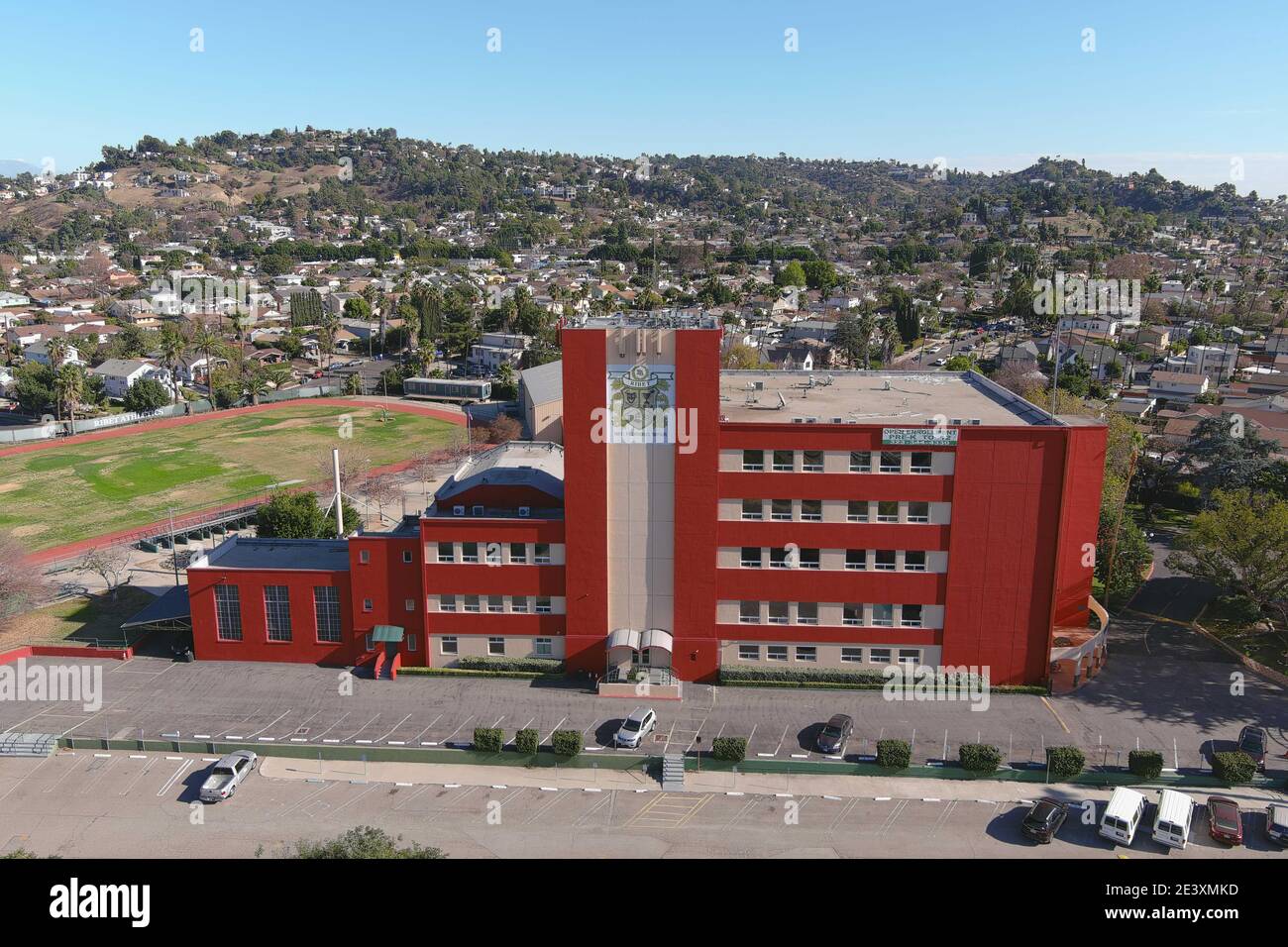 An aerial view of Ribet Academy College Preparatory School, Wednesday, Jan. 21, 2021, in Los Angeles. Stock Photo