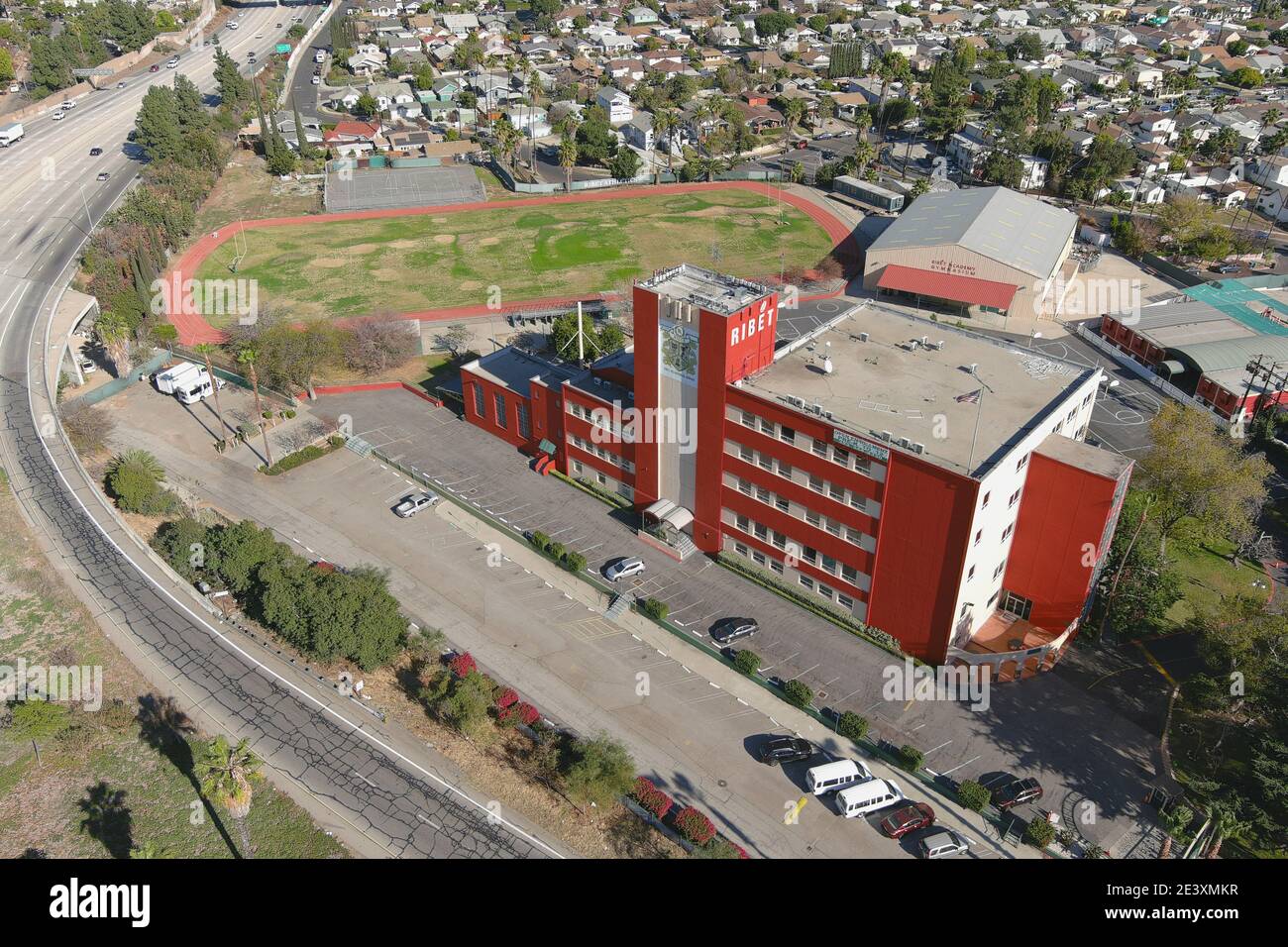 An aerial view of Ribet Academy College Preparatory School and track, Wednesday, Jan. 21, 2021, in Los Angeles. Stock Photo