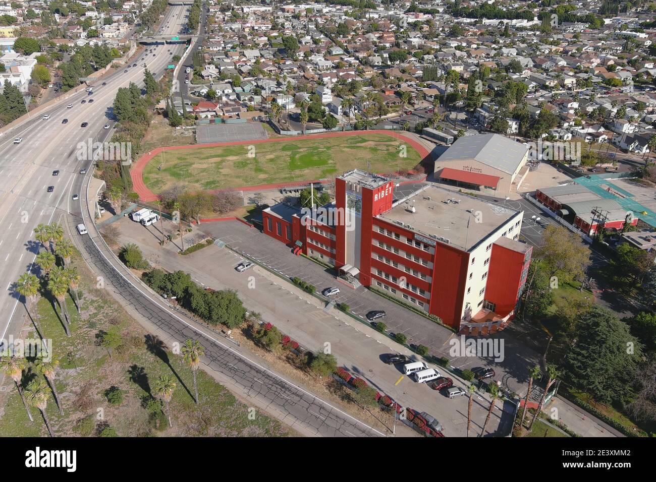 An aerial view of Ribet Academy College Preparatory School and track, Wednesday, Jan. 21, 2021, in Los Angeles. Stock Photo
