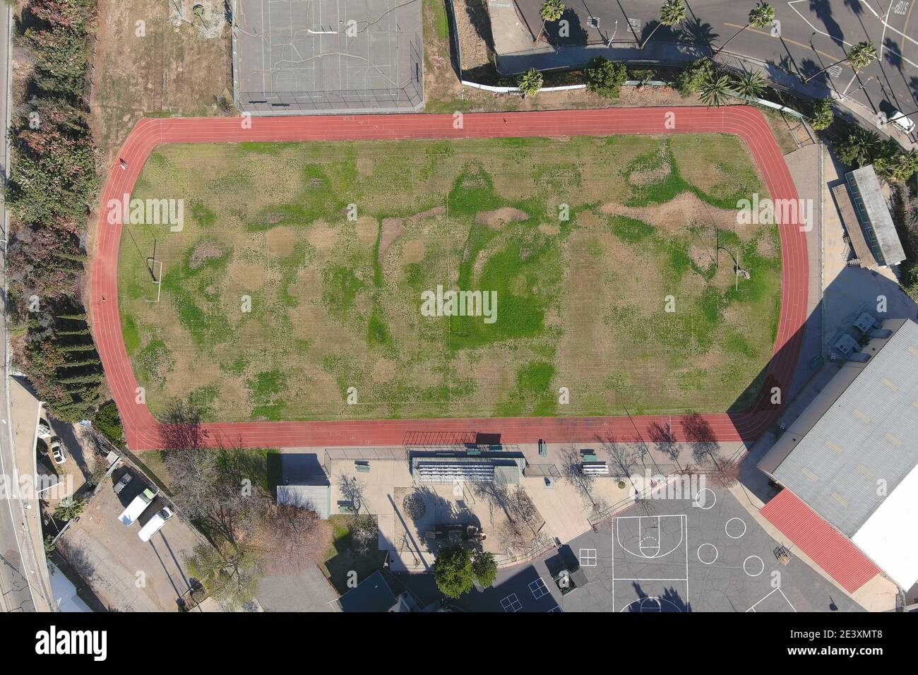 An aerial view of Ribet Academy College Preparatory School track, Wednesday, Jan. 21, 2021, in Los Angeles. Stock Photo
