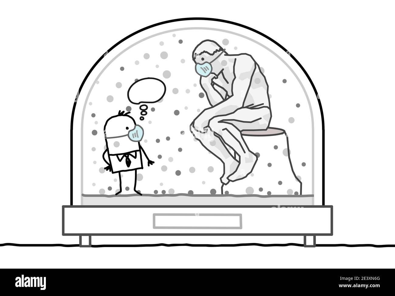 Hand drawn Cartoon man with Protection Mask, Contained in a Snow-Dome, meeting the Rodin's Thinker Stock Vector