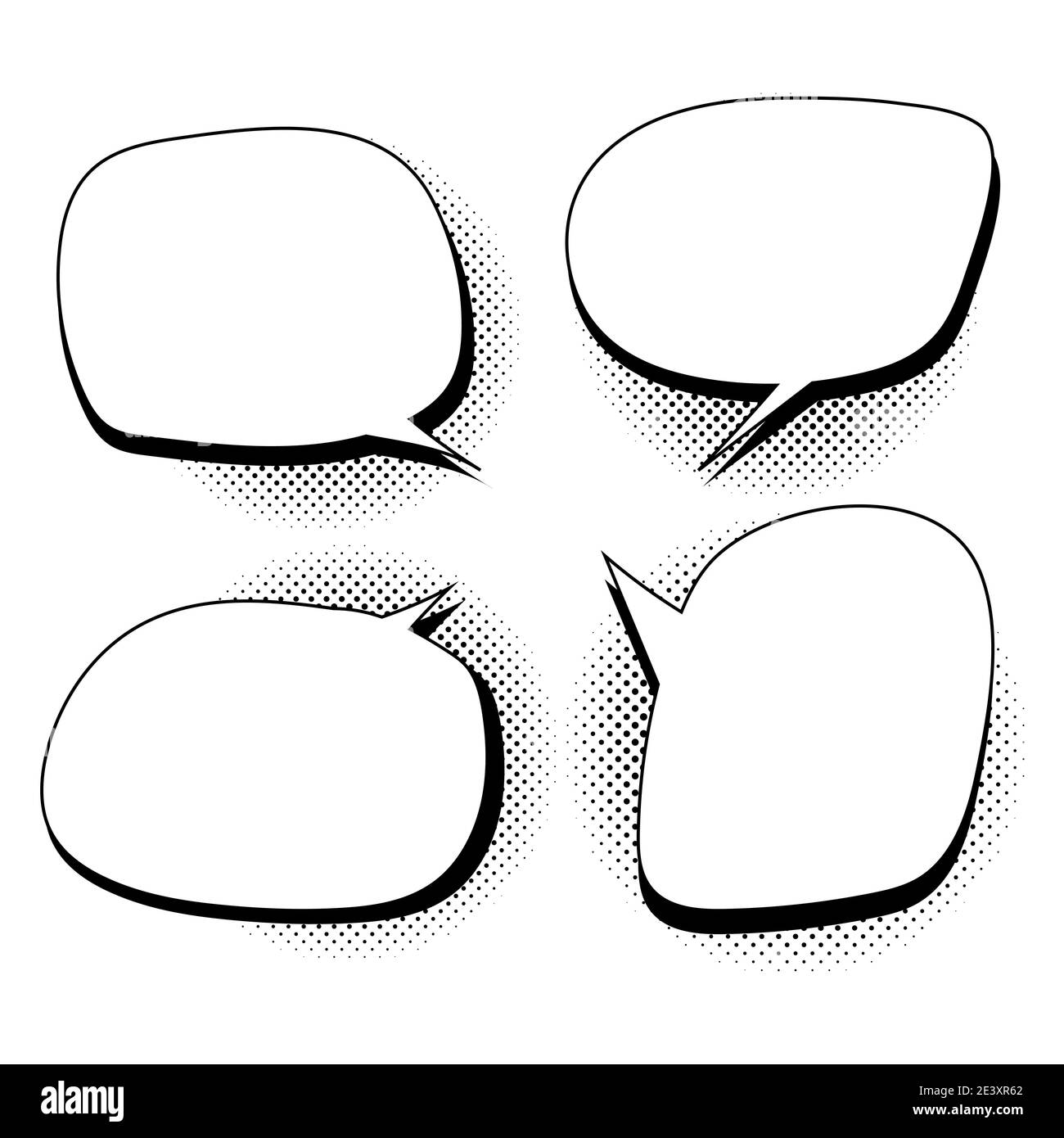 Retro empty comic bubbles and elements set with black halftone shadows, pop art style. White background. Vector illustration. Stock Vector