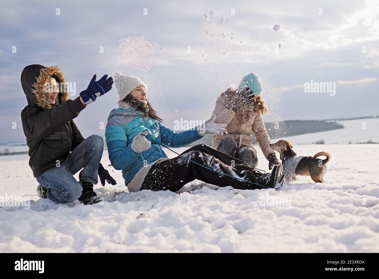 family walks the small dog in woolen clothes in the snow during winter time Stock Photo