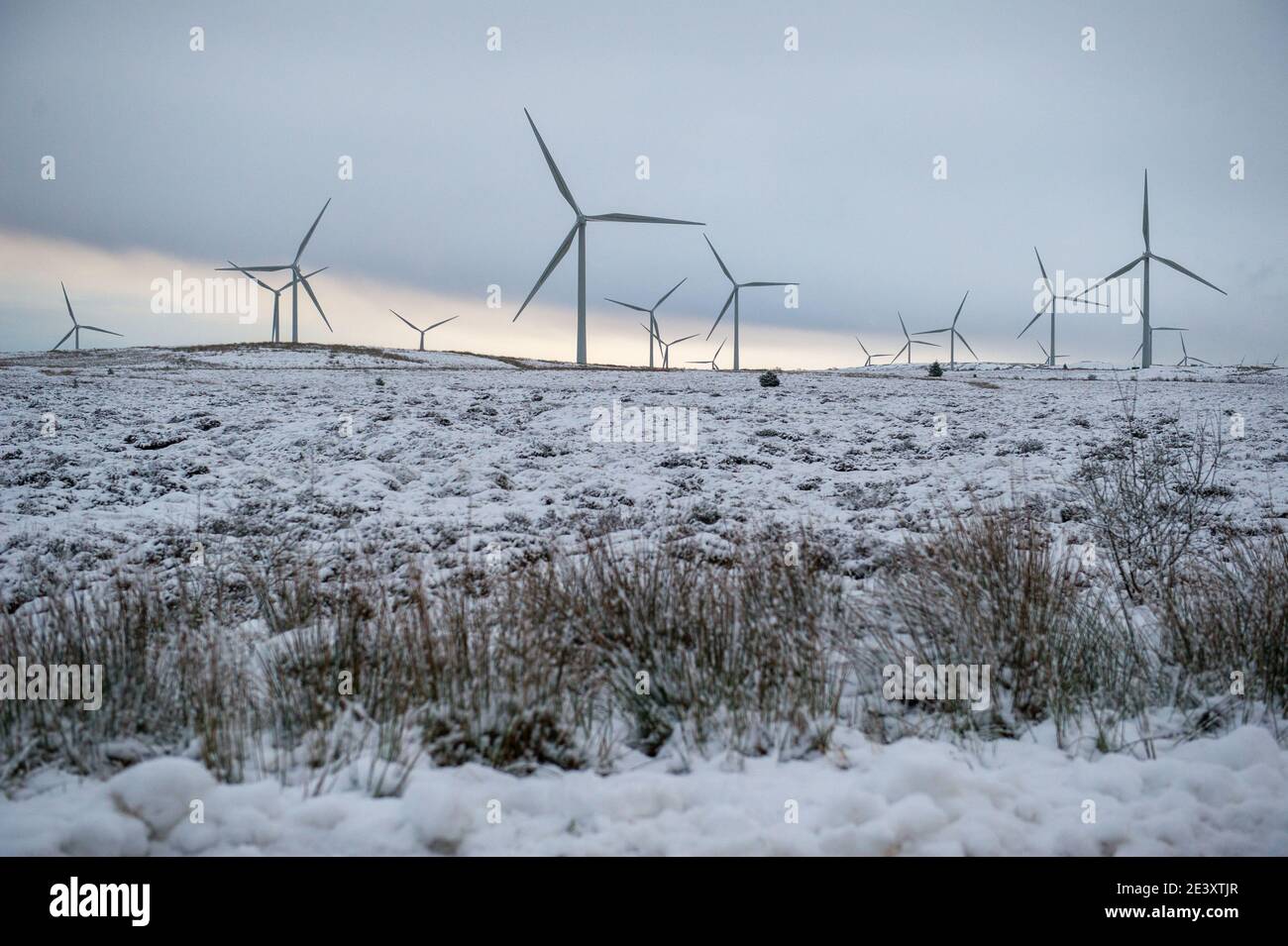Whitelee Windfarm, Eaglesham Moor, Scotland, UK. 21st Jan, 2021. Pictured: Scotland has been hit with more snow fall over night as storm Christoph deposits a few more inches of wet snow in Central Scotland. More snow, high winds and ice are forecast by the Met Office with some frontal systems coming in from the East. Credit: Colin Fisher/Alamy Live News Stock Photo