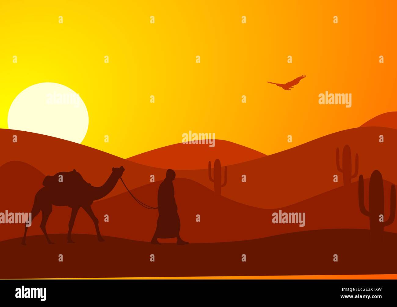 Desert Landscape with Cactus, Hills and Mountains Silhouettes. Vector ...