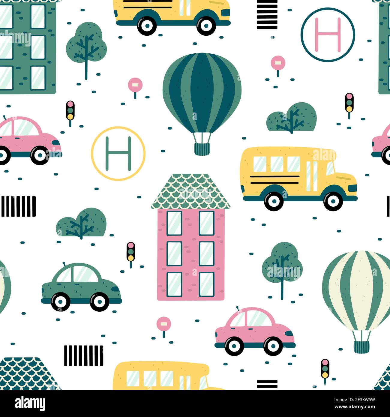City scene seamless pattern with hot air balloon, school bus, helicopter pad, car, traffic lights, crosswalk, house, trees and abstract elements. Hand Stock Vector