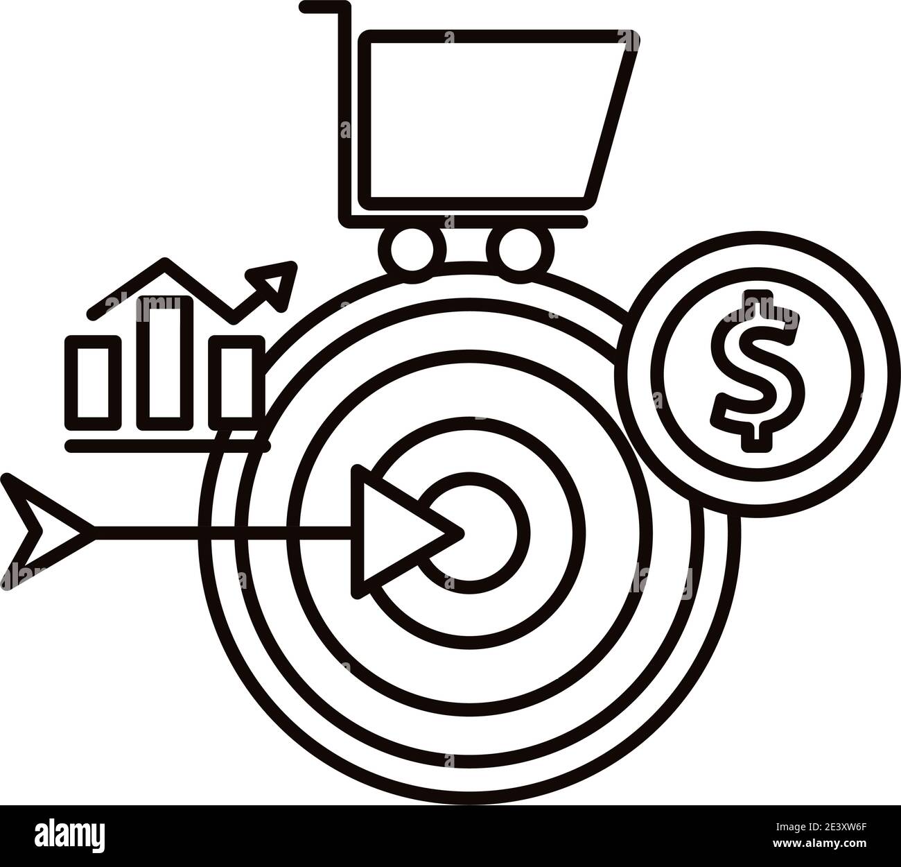 Digital marketing target with bars chart cart and coin line style icon ...