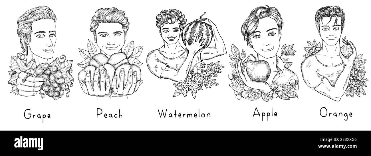 Design set with young handsome men holding fruits isolated on white background.  Hand drawn engraved vector illustration, black and white line art, he Stock Vector