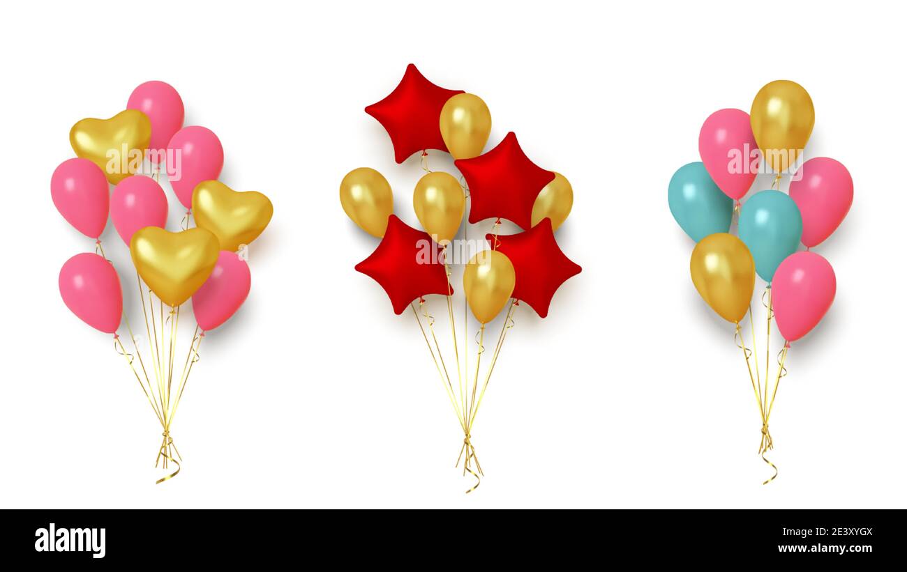 Realistic group of balloons in shape heart and star on white background ...
