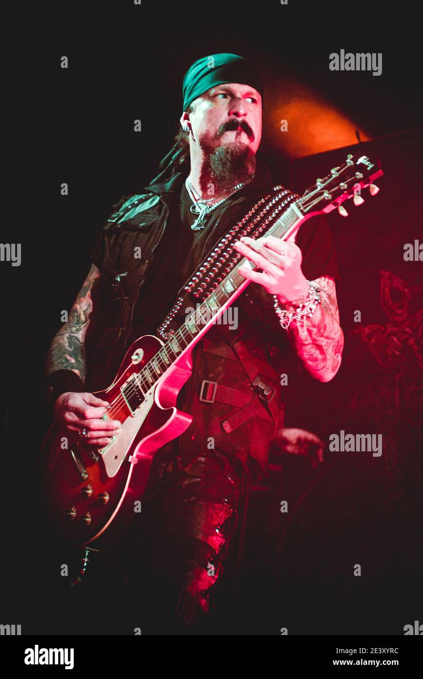 ITALY, ROMAGNANO SESIA, 2014: Jon Schaffer, guitarist of the  American heavy metal band Iced Earth, performing live on stage at the Rock N Roll Arena Stock Photo