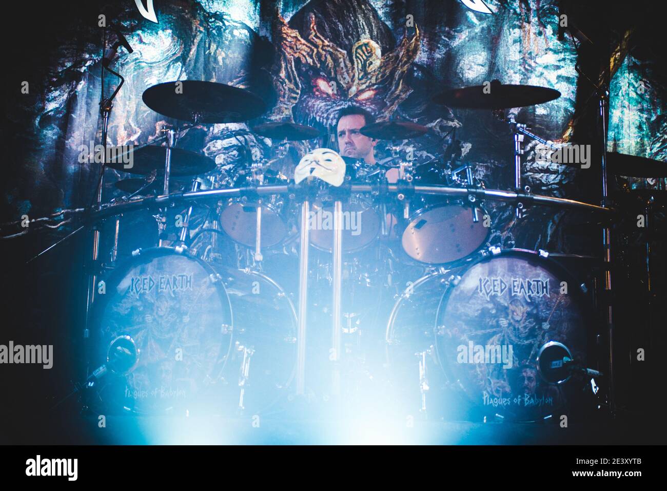 ITALY, ROMAGNANO SESIA, 2014: John Dette, drummer of the  American heavy metal band Iced Earth, performing live on stage at the Rock N Roll Arena Stock Photo