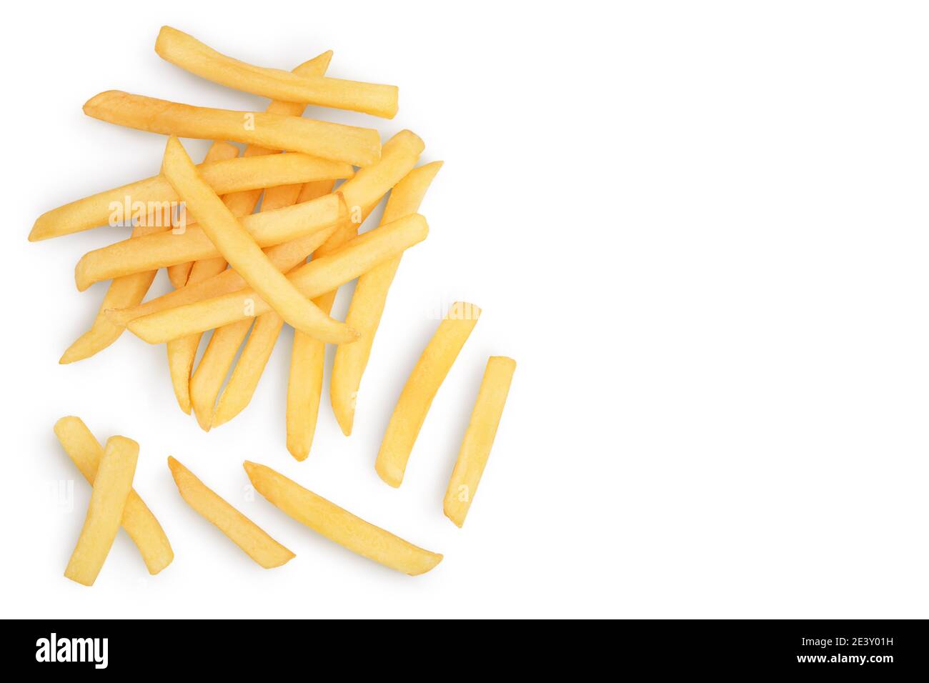 French fries or fried potatoes isolated on white background with clipping path . Top view with copy space for your text. Flat lay Stock Photo