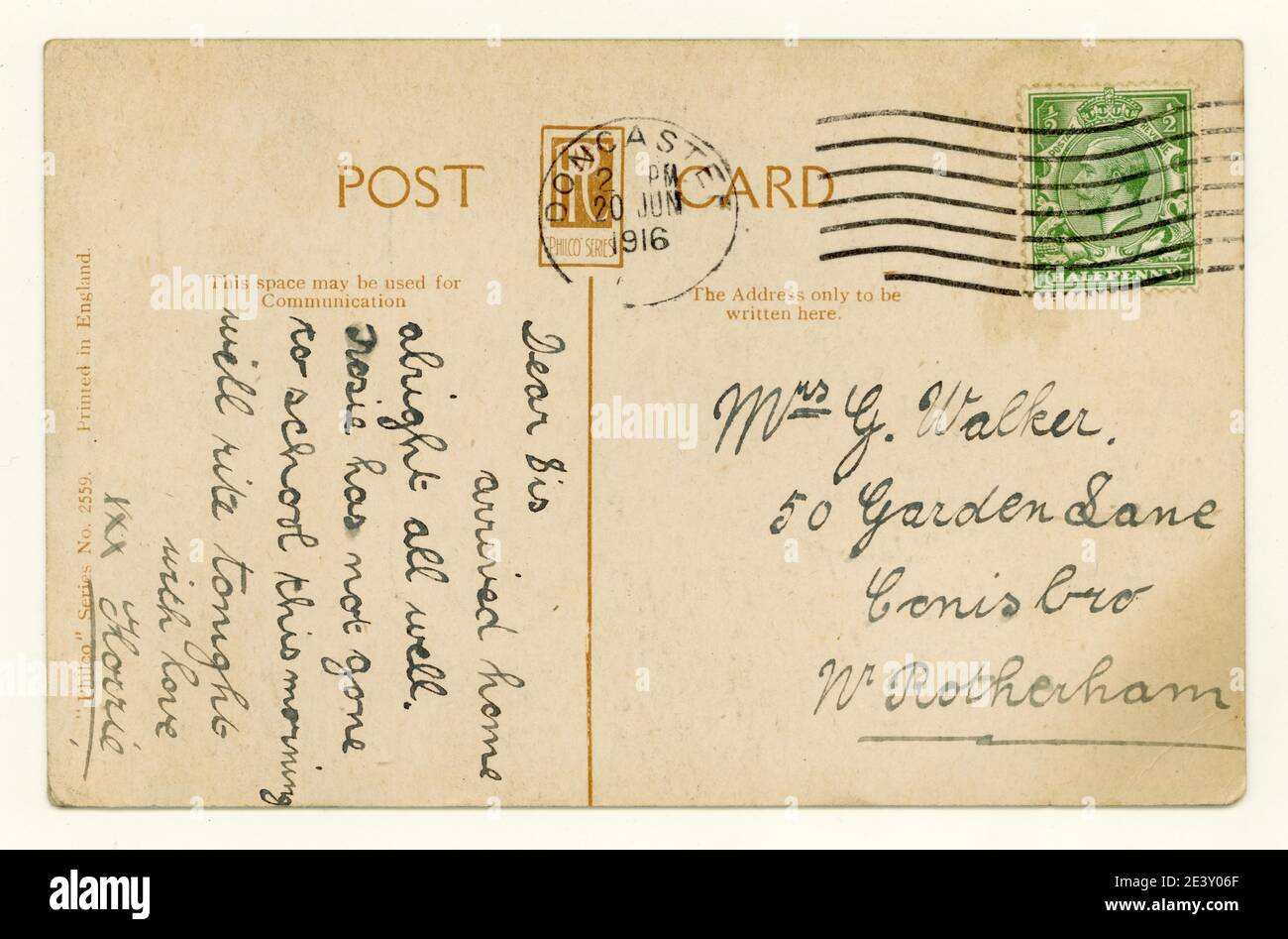 Reverse of original post WW1 era postcard, green King George V 1/2 d (half pence / penny) stamp,  posted 20 June 1916 U.K. green 1/2 stamp. Stock Photo