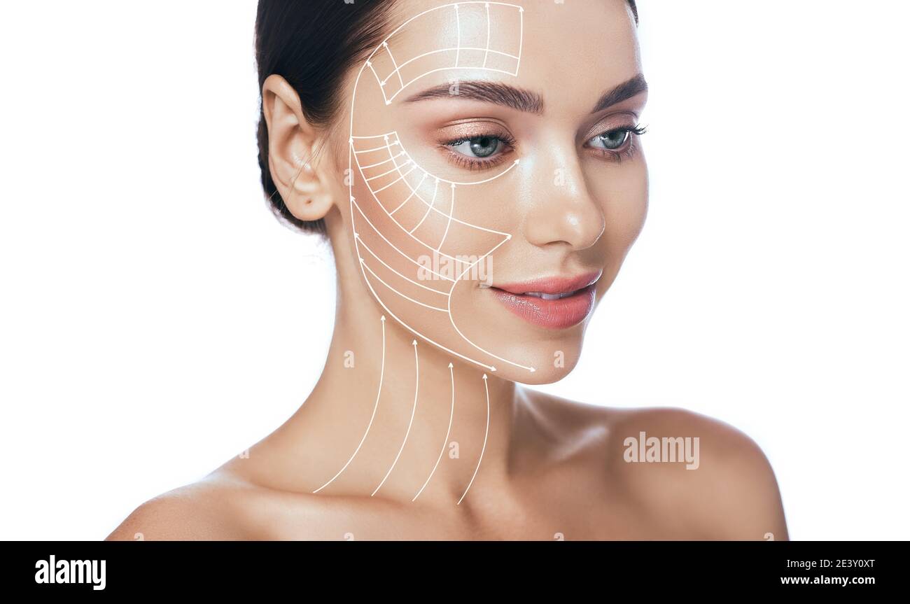 Lifting lines, advertising of face contour correction, skin and neck lifting. facial rejuvenation concept, cosmetology Stock Photo