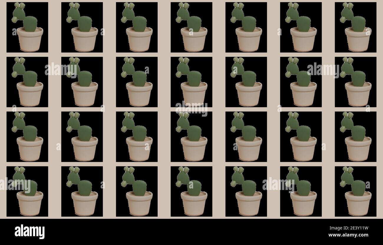 Seamless 3D cactus pot pattern at beige pastel background. Vector, illustration pattern. Stock Vector