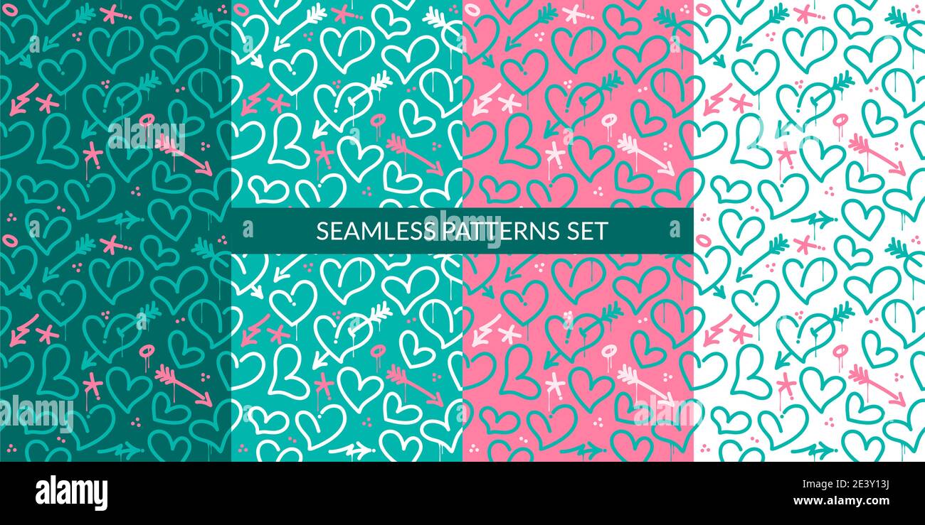 Graffiti Style Abstract Colorful Hearts Seamless Pattern Set. Vector Illustration Background Art For Happy Valentines Day Or Wedding Stock Vector