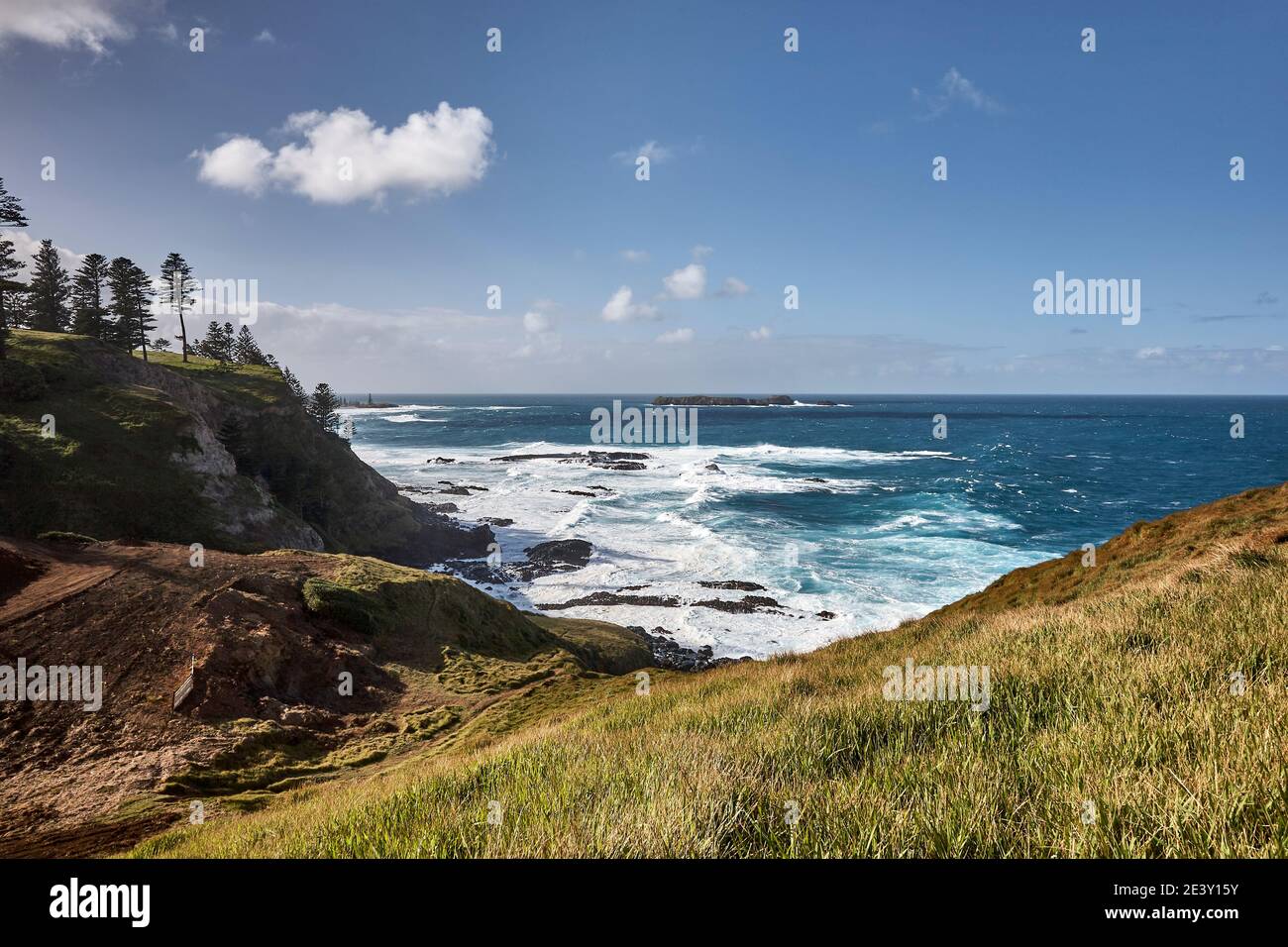 View from Slaughters Bay out to the Pacific Ocean on a bright and sunny winters day with Norfolk Pine trees on the cliff edges, Norfolk Island Stock Photo