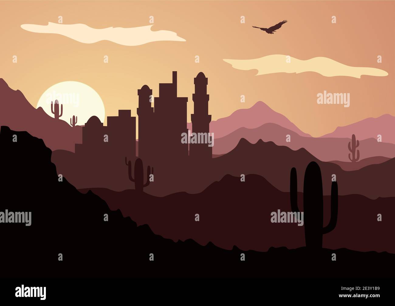 Desert Landscape with Cactus, Hills and Mountains Silhouettes. Vector ...