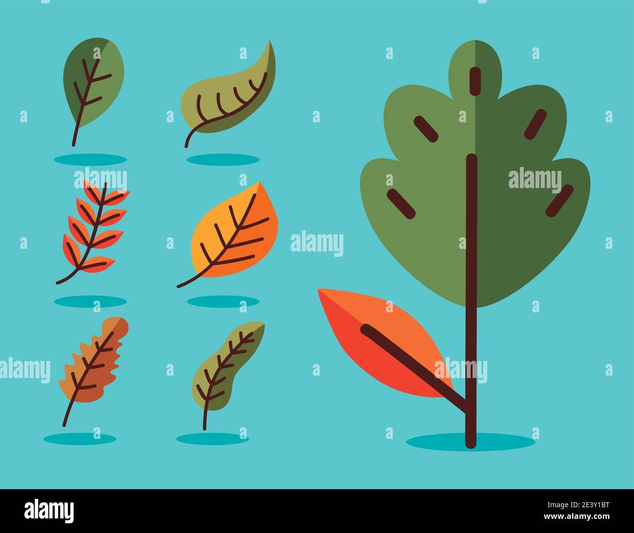 leaves line and fill style symbol set design of Plant natural floral ...