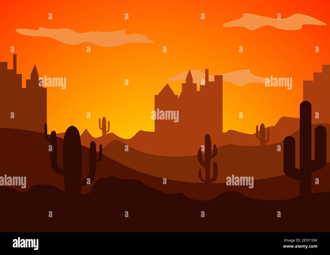Desert Landscape with Cactus, Hills and Mountains Silhouettes. Vector ...